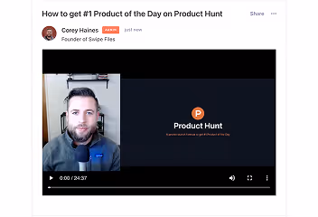 Video thumbnail showing Corey Haines explaining how to get #1 Product of the Day on Product Hunt with a Product Hunt logo and video timeline.