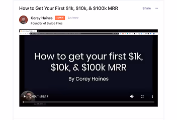Video titled 'How to get your first $1k, $10k, & $100k MRR' by Corey Haines who is founder of Swipe Files.